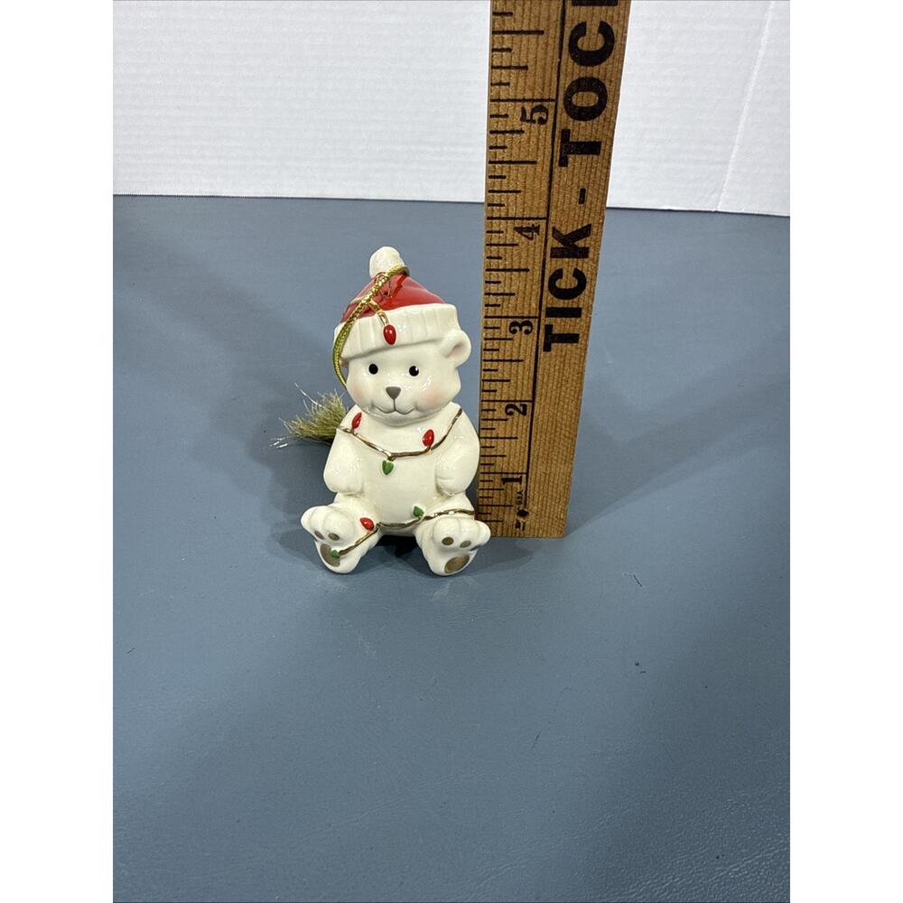 LENOX Teddy Bear With Christmas Lights and Santa Hat 3 1/2" Porcelain Ornament - Picture 6 of 7